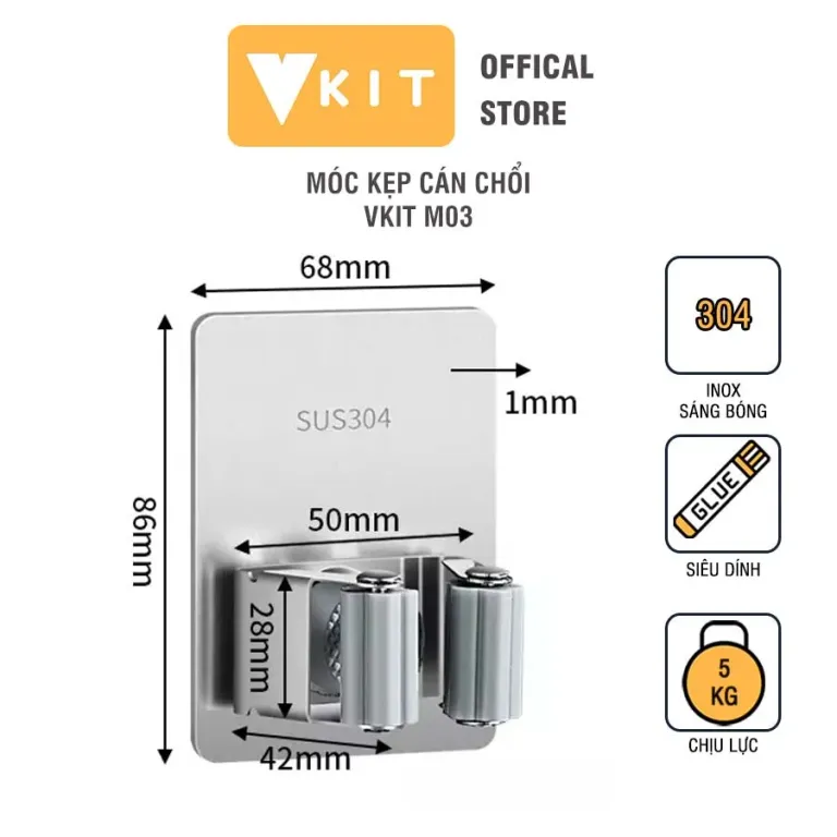 Móc Inox Kẹp Giữ Chổi Dán Tường Vkit Chống Nước Có Thể Chịu Lực Lên Đến 4kg M03