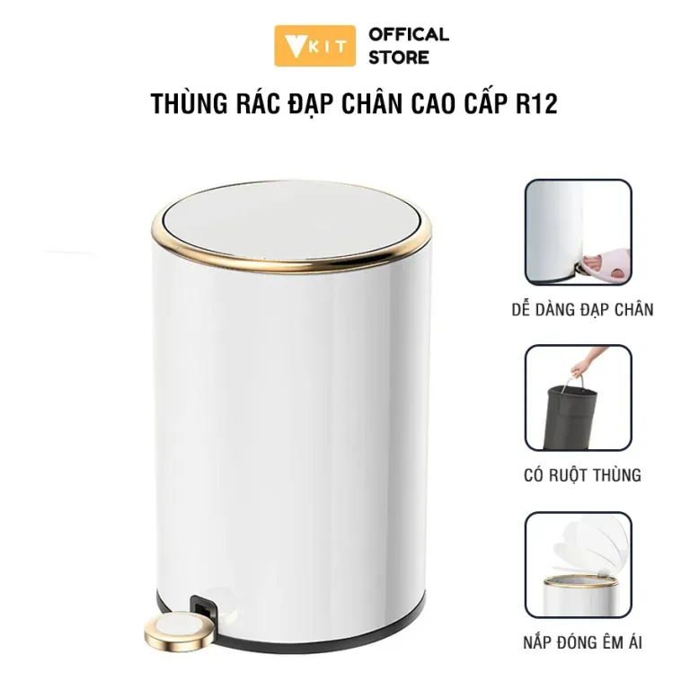 Thùng Đựng Rác INOX Có Nắp Đậy Và Đạp Chân Cao Cấp Kèm Giảm Chấn Và Sáng Bóng 6L - 30L