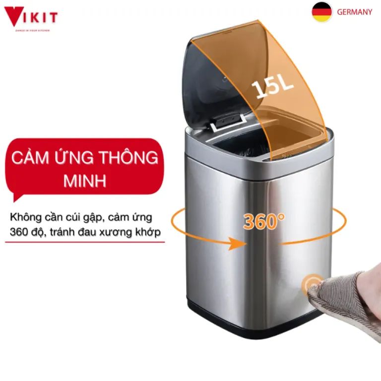 Thùng Rác Tự Động Cảm Ứng Thông Minh Inox Cao Cấp Sáng Bóng VKIT 6L - 20L