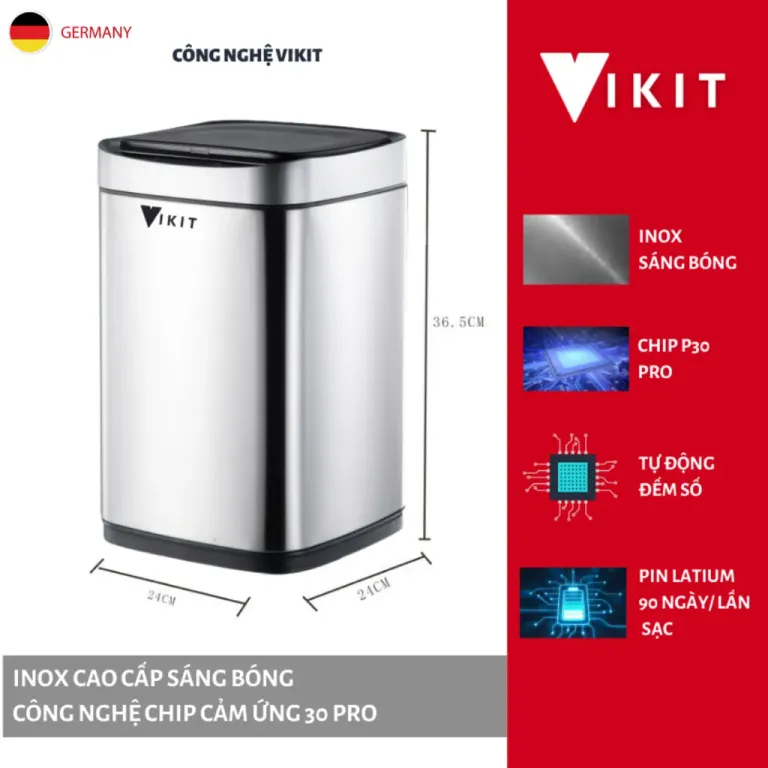 Thùng Rác Tự Động Cảm Ứng Thông Minh Inox Cao Cấp Sáng Bóng VKIT 6L - 20L