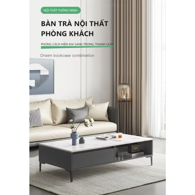 Bàn Trà Sofa Phòng Khách Màu Đen Mặt Giả Vân Đá Trắng Sang Trọng GP296