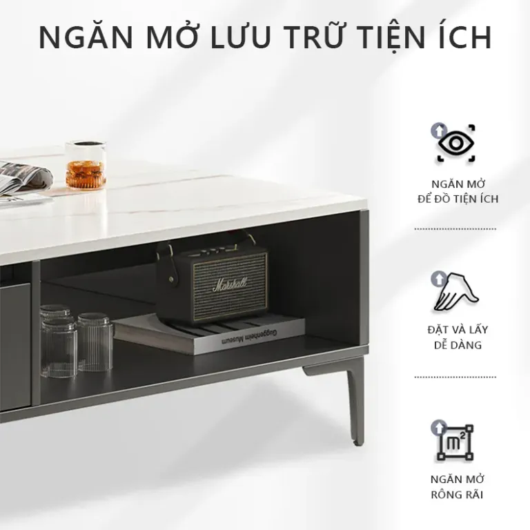 Bàn Trà Sofa Phòng Khách Màu Đen Mặt Giả Vân Đá Trắng Sang Trọng GP296