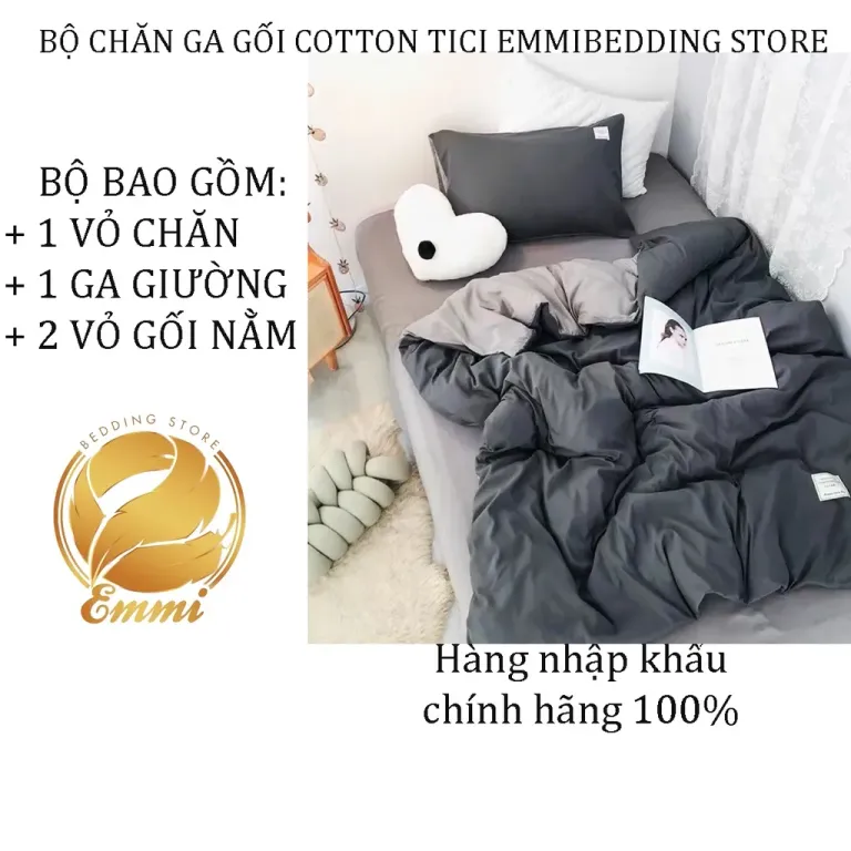 Bộ Chăn Ga Gối Cotton TC Emmidecor Cao Cấp - Ghi Đậm Mix Nhạt