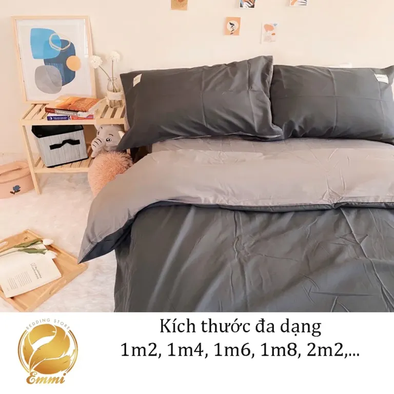 Bộ Chăn Ga Gối Cotton TC Emmidecor Cao Cấp - Ghi Đậm Mix Nhạt