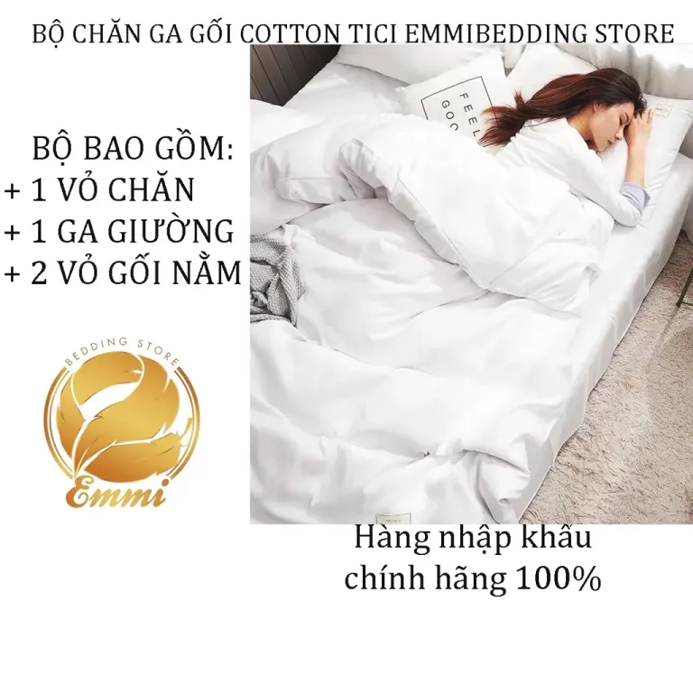 Bộ Chăn Ga Gối Cotton Tici Emmi Bedding Mẫu Trắng Tinh, Drap Giường Đủ Size