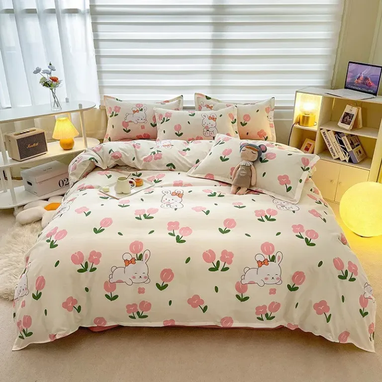 Bộ Chăn Ga Gối Emmibedding, Drap Cotton Poly Hàn Quốc Mẫu Thỏ Tulip