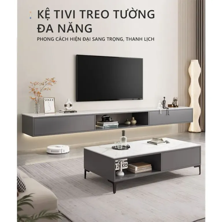 Kệ Tivi Treo Tường Màu Đen Mặt Giả Vân Đá Trắng Sang Trọng GP303