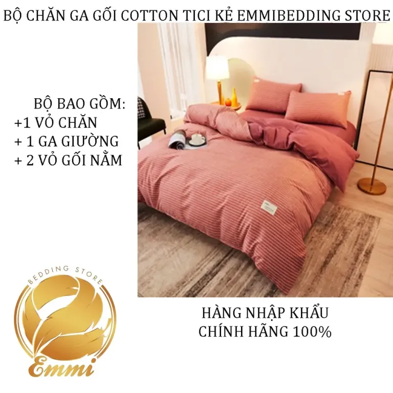 Bộ Chăn Ga Gối Cotton TC Emmidecor Kẻ Ngang Hồng Cam Miễn Phí Bo Chun Và Làm Ga Phủ Theo Yêu Cầu