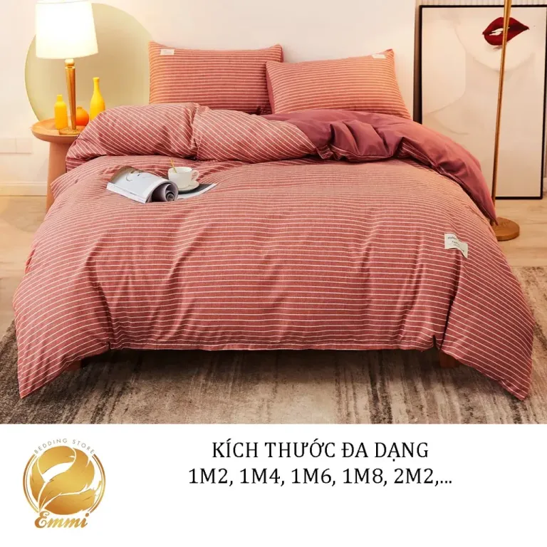 Bộ Chăn Ga Gối Cotton TC Emmidecor Kẻ Ngang Hồng Cam Miễn Phí Bo Chun Và Làm Ga Phủ Theo Yêu Cầu