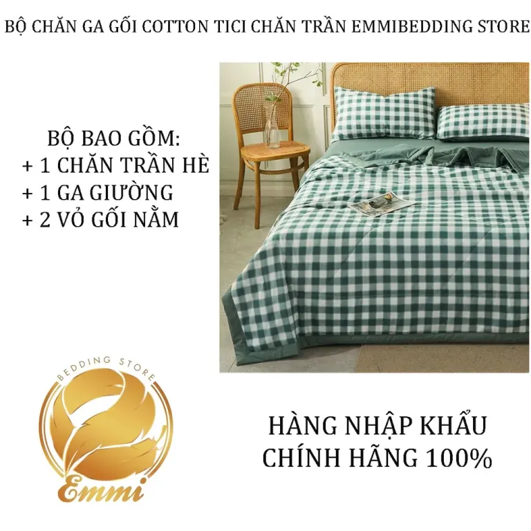 Bộ Chăn Ga Gối Cotton Tici Chăn Trần EMMI Bedding Mẫu Caro Xanh Lá, Grap Nệm Thun Lạnh Hàn Quốc Drap Giường Đệm Đủ Size