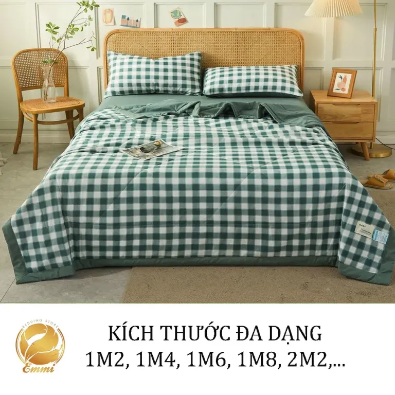 Bộ Chăn Ga Gối Cotton Tici Chăn Trần EMMI Bedding Mẫu Caro Xanh Lá, Grap Nệm Thun Lạnh Hàn Quốc Drap Giường Đệm Đủ Size