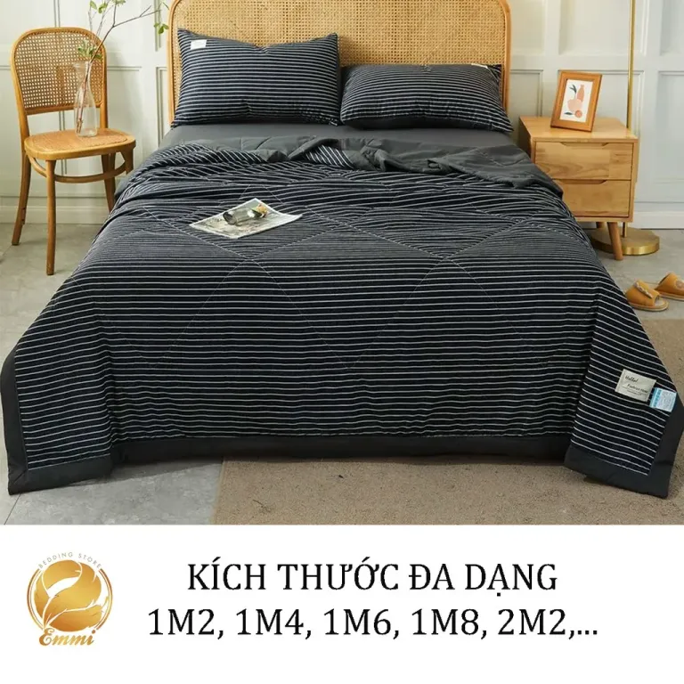 Bộ Chăn Ga Gối Cotton Tici Chăn Trần EMMI Bedding Mẫu Kẻ Đen Grap Nệm Thun Lạnh Hàn Quốc Drap Giường Đệm Đủ Size