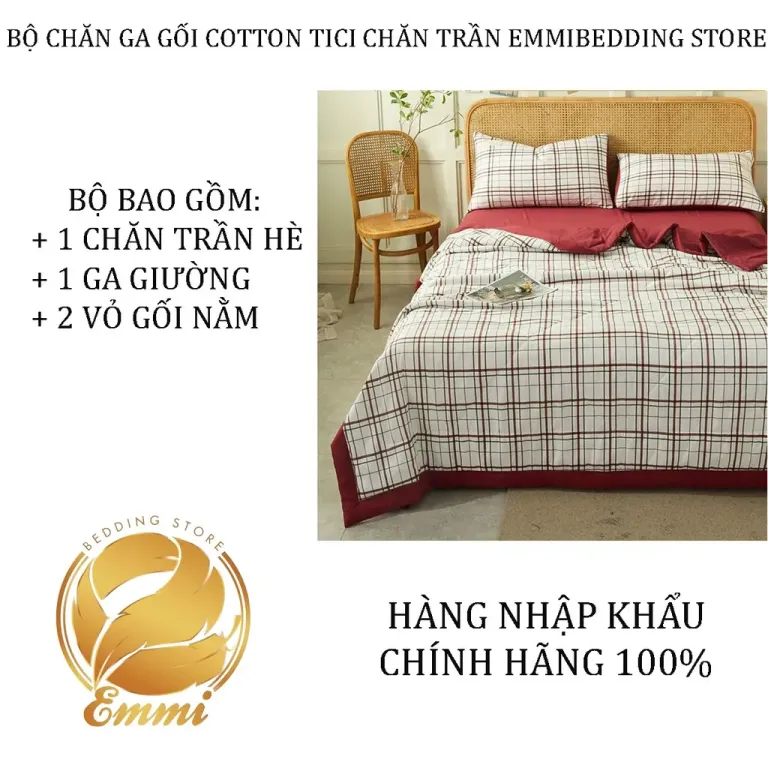 Bộ Chăn Ga Gối Cotton Tici Chăn Trần Emmibedding Store Mẫu Kẻ Đỏ