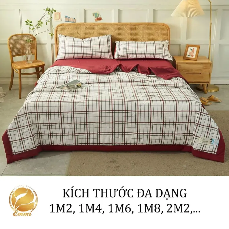 Bộ Chăn Ga Gối Cotton Tici Chăn Trần Emmibedding Store Mẫu Kẻ Đỏ