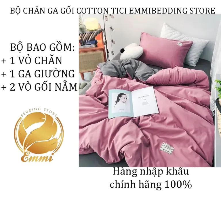 Bộ Chăn Ga Gối Cotton Tici Emmibedding Mẫu Hồng Ga Ghi