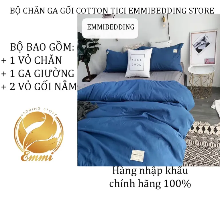 Bộ Chăn Ga Gối Cotton Tici Xanh Da Trời Emmibedding Store