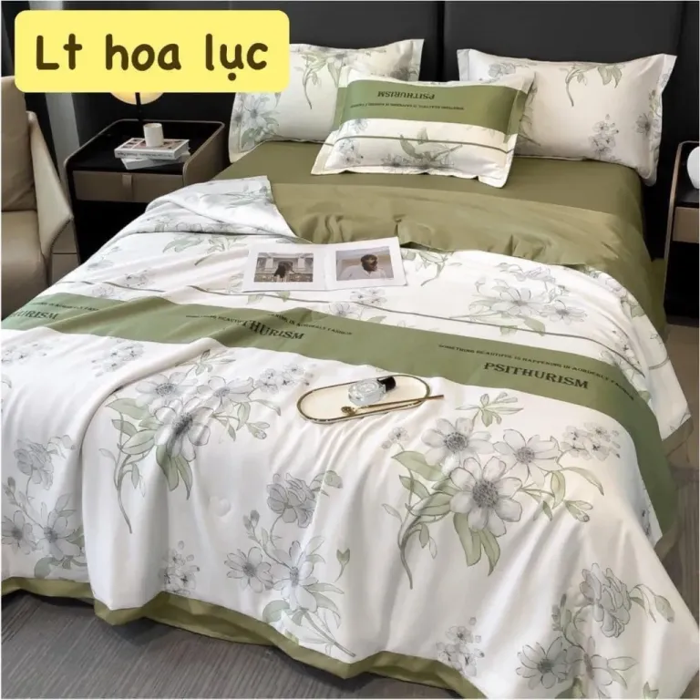 Bộ Chăn Ga Lụa Thái 4 Món EmmiBedding, Chăn Có Bông Chất Liệu Lụa Mềm Mịn Mát