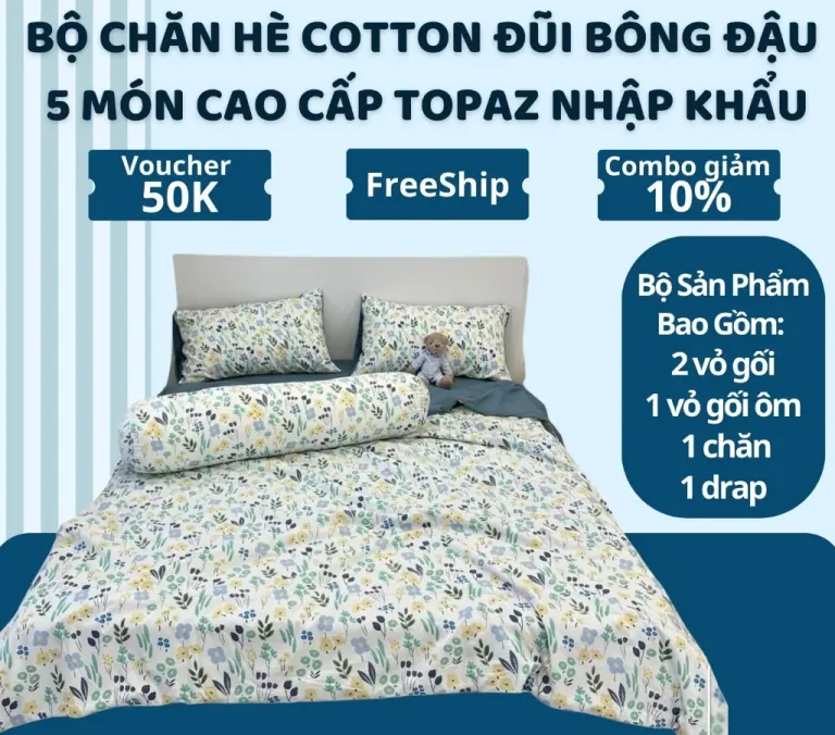 Bộ Chăn Hè Cotton Đũi Bông Đậu 5 Món Cao Cấp TOPAZ Nhập Khẩu - Chăn Mền Mùa Hè Chất Liệu Cotton Siêu Mềm, Siêu Mát