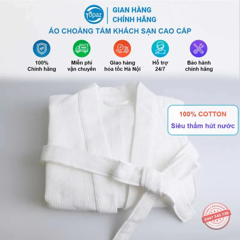 Áo Choàng Tắm Tổ Ong Khách Sạn TOPAZ Cao Cấp Màu Trắng Chất Liệu Cotton Siêu Thấm Hút Sang Trọng Tiêu Chuẩn Khách Sạn 5*