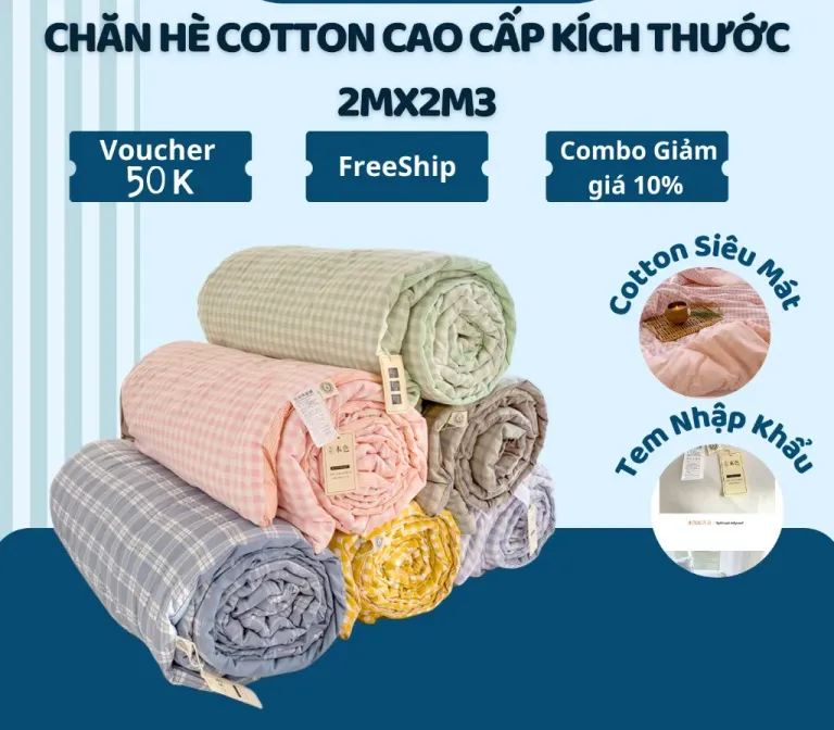 Chăn Hè Cotton Cao Cấp TOPAZ Kích Thước 2mx2m3 - Mền Mùa Hè Cotton Cực Mềm Mịn, Thoáng Mát Phù Hợp Bốn Mùa