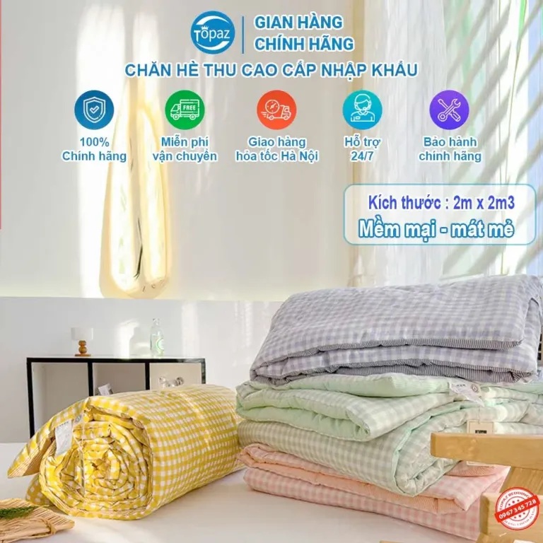 Chăn Hè Cotton Cao Cấp TOPAZ Kích Thước 2mx2m3 - Mền Mùa Hè Cotton Cực Mềm Mịn, Thoáng Mát Phù Hợp Bốn Mùa