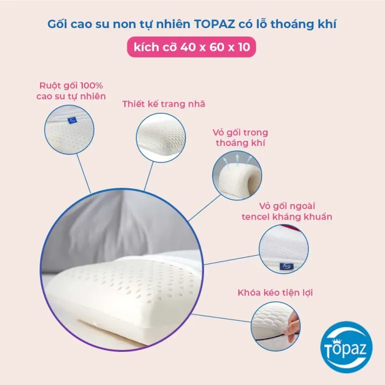 Gối Cao Su Non Người Lớn TOPAZ Có Lỗ Thông Hơi Thoáng Khí, Nâng Đốt Sống Cổ, Vai Gáy Kích Thước 40cm x 60cm x 10cm