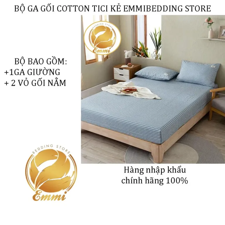 Bộ Ga Giường, Ga Gối TC Kẻ Xanh Dùng Cho Homestay, Nhà Nghỉ Và Decor Phòng Ngủ EmmiBedding Gồm 1 Ga Và 2 Áo Gối Nằm