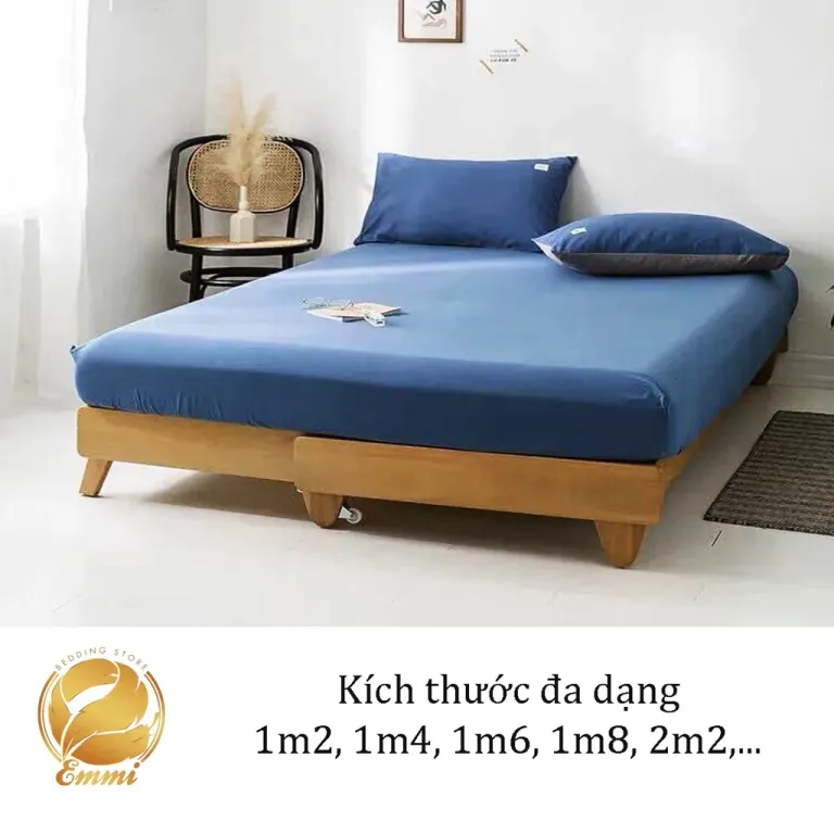 Bộ Ga Giường, Ga Gối TC Trơn Màu Xanh Dương Đậm EmmiBedding Gồm 1 Ga Và 2 Áo Gối Nằm