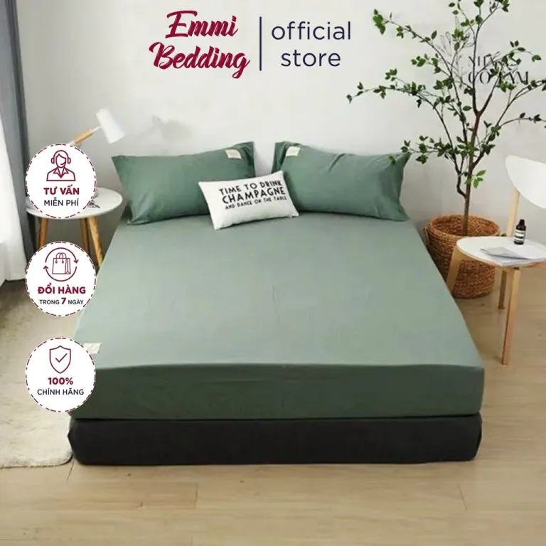 Bộ Ga Giường, Ga Gối TC Trơn Màu Xanh Min Bộ ĐộI EmmiBedding Gồm 1 Ga Và 2 Áo Gối Nằm