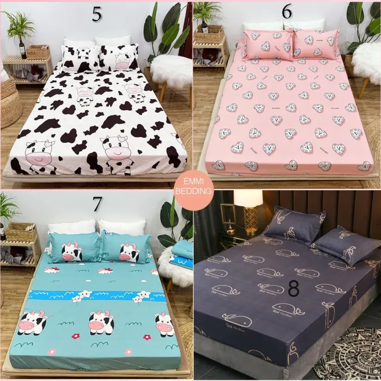 Bộ Ga Gối Cotton Poly EmmiBedding, Ga Chun Và 2 Áo Gối Nằm Siêu Xinh