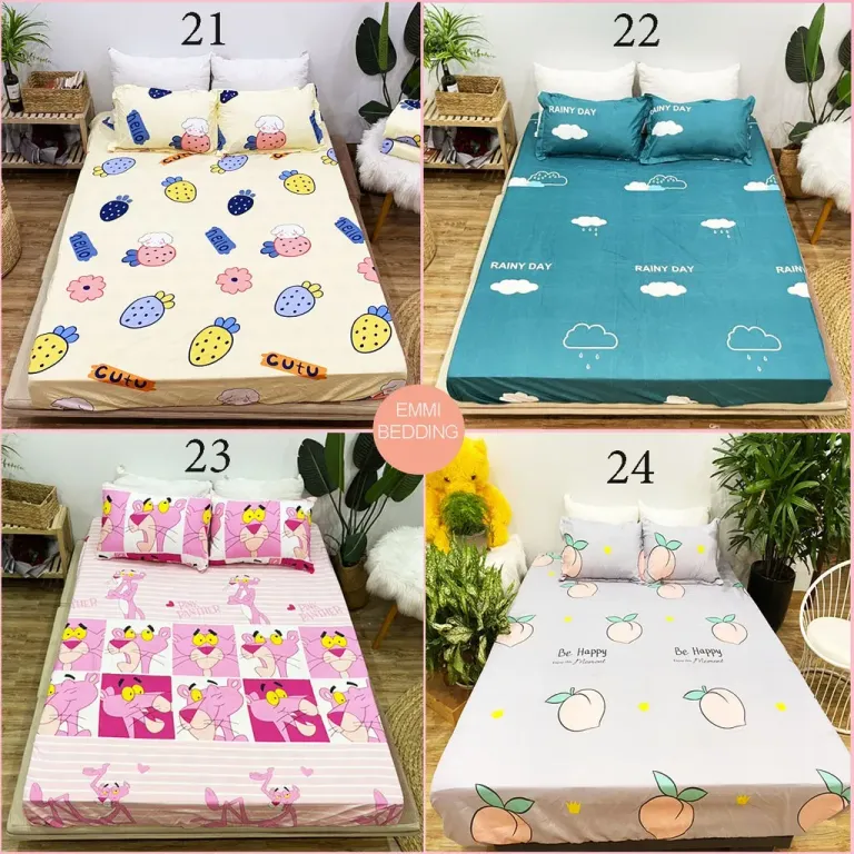 Bộ Ga Gối Cotton Poly EmmiBedding, Ga Chun Và 2 Áo Gối Nằm Siêu Xinh