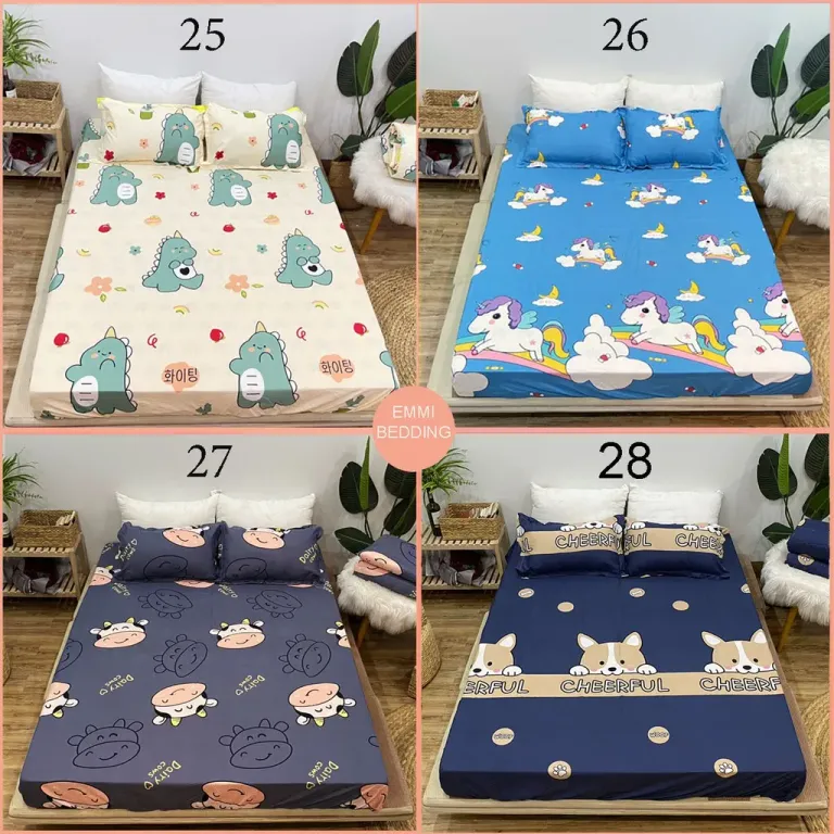 Bộ Ga Gối Cotton Poly EmmiBedding, Ga Chun Và 2 Áo Gối Nằm Siêu Xinh