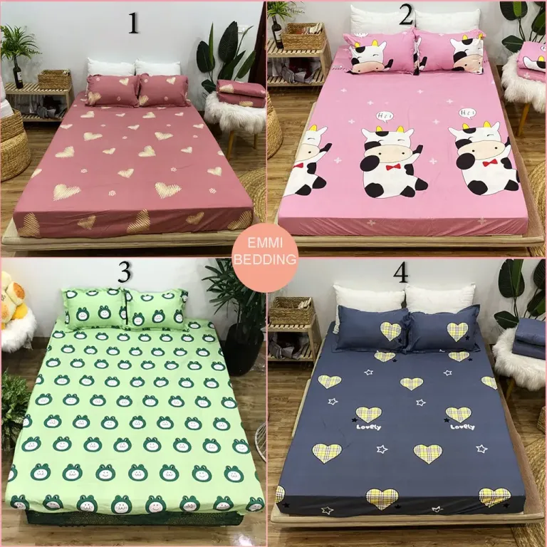 Bộ Ga Gối Cotton Poly EmmiBedding, Ga Chun Và 2 Áo Gối Nằm Siêu Xinh