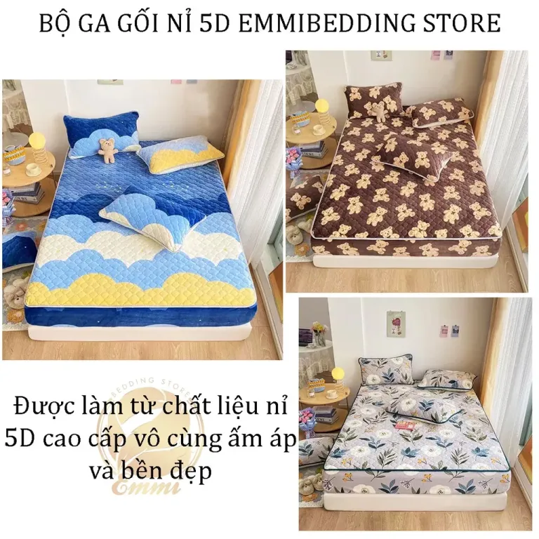 Bộ Ga Gối EMMIBEDDING STORE Nỉ 5D Mix Hoạ Tiết Siêu Ấm, Siêu Êm