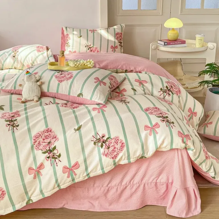 Chăn Ga Gối 4 Món Cotton Đũi Họa Tiết Vintage Hoa Nhí Decor Phòng Hàn Quốc Drap Nệm Bo Chun Phủ Giường EmmiBedding