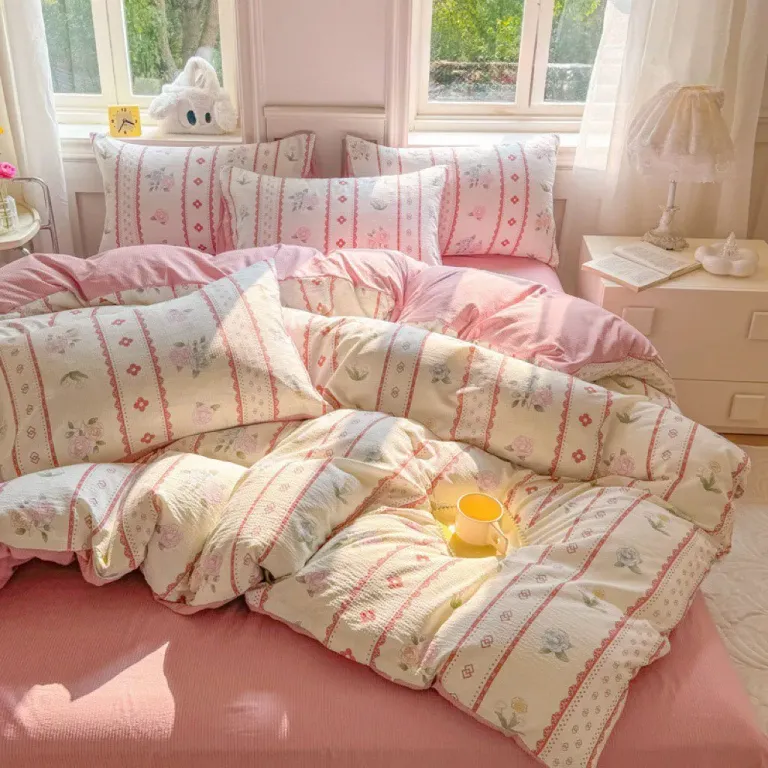 Chăn Ga Gối 4 Món Cotton Đũi Họa Tiết Vintage Hoa Nhí Decor Phòng Hàn Quốc Drap Nệm Bo Chun Phủ Giường EmmiBedding