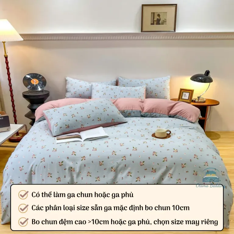 Chăn Ga Gối 4 Món Cotton Đũi Họa Tiết Vintage Hoa Nhí Decor Phòng Hàn Quốc Drap Nệm Bo Chun Phủ Giường EmmiBedding