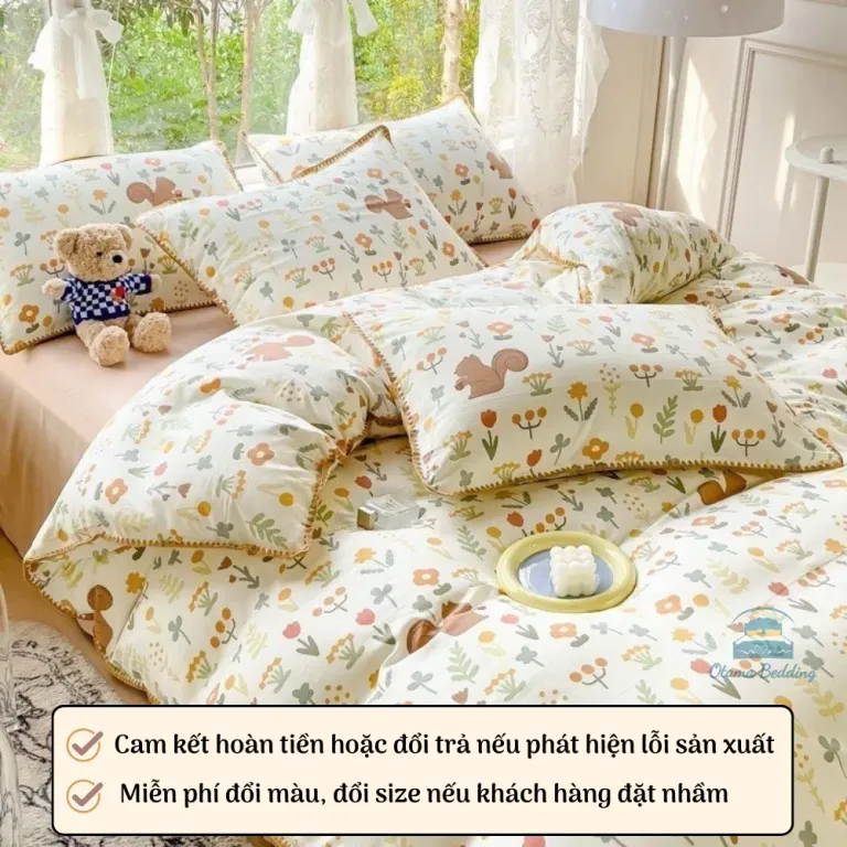 Chăn Ga Gối 4 Món Cotton Đũi Họa Tiết Vintage Hoa Nhí Decor Phòng Hàn Quốc Drap Nệm Bo Chun Phủ Giường EmmiBedding