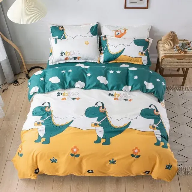 Chăn Ga Gối Emmibedding Chất Liệu Cotton Poly Họa Tiết Khủng Long Nghe Nhạc Đáng Yêu Đủ Size Miễn Phí Bo Chun