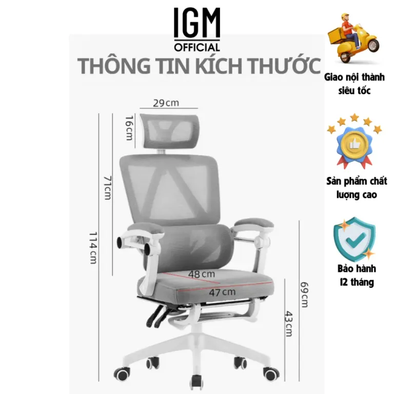 Ghế Công Thái Học IGM CTH230 Cao Cấp, Chống Đau Mỏi Lưng, Đệm Lưới Êm Ái