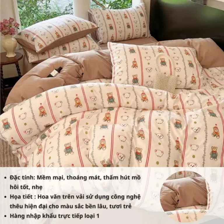 Bộ Vỏ Chăn Ga Gối Cotton Thô Hồng Kông 4 Món Gồm 1 Ga + 2 Vỏ Gối Nằm + 1 Vỏ Chăn An Như Bedding