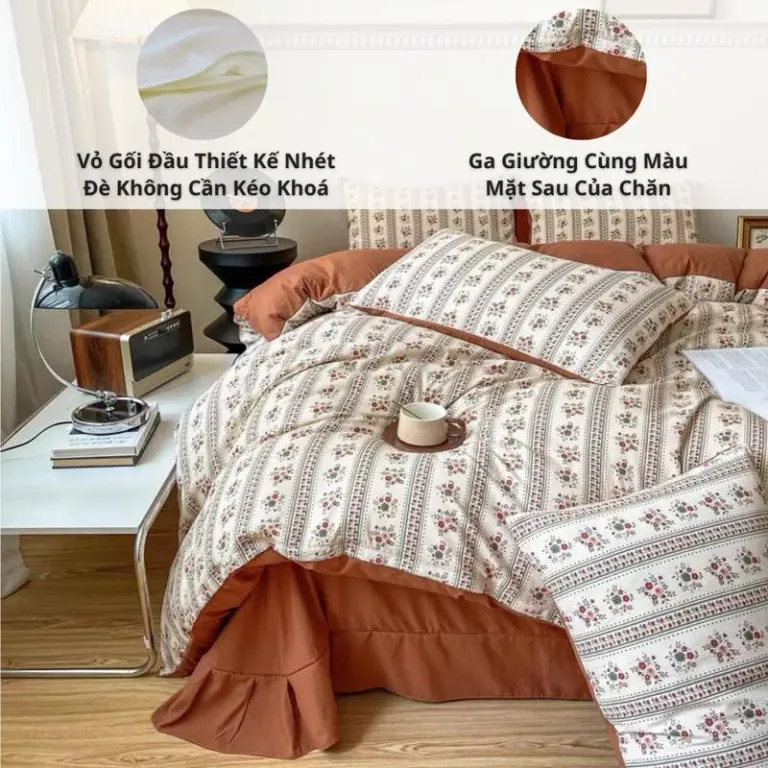 Bộ Vỏ Chăn Ga Gối Cotton Thô Hồng Kông 4 Món Gồm 1 Ga + 2 Vỏ Gối Nằm + 1 Vỏ Chăn An Như Bedding