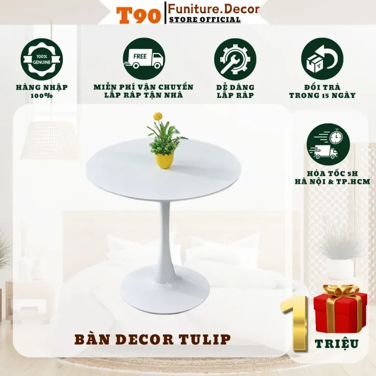 Bàn Tròn Tulip Nhập Khẩu Mặt Đá Hoặc Gỗ T90, Phù Hợp Ban Công Căn Hộ Chung Cư, Uống Trà, Khách Sạn, Quán Cafe, Đàm Phán