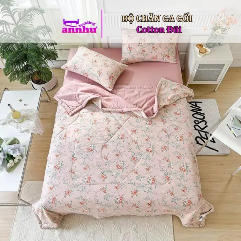 Bộ Chăn Ga Gối 5 Món Cotton Đũi, Chăn Hè Chần Bông Nhập Khẩu Nguyên Set Full Size An Như Bedding