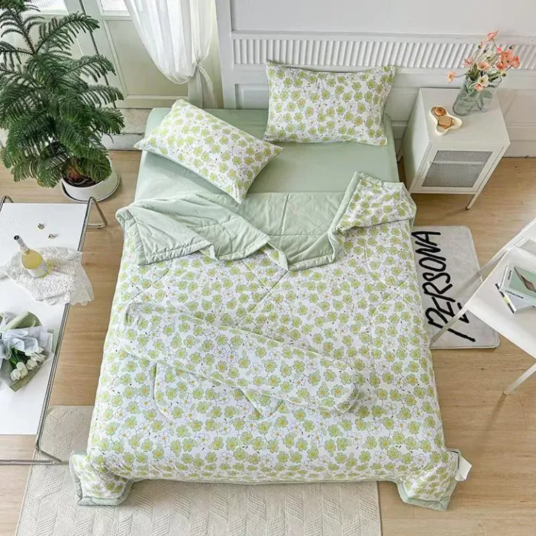 Bộ Chăn Ga Gối 5 Món Cotton Đũi, Chăn Hè Chần Bông Nhập Khẩu Nguyên Set Full Size An Như Bedding