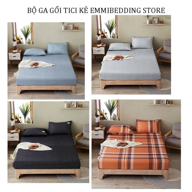 Ga Giường EMMIBEDDING STORE Chất Liệu TC, Mẫu Kẻ Cam Đất Miễn Phí Bo Chun Và Làm Ga Phủ Theo Yêu Cầu