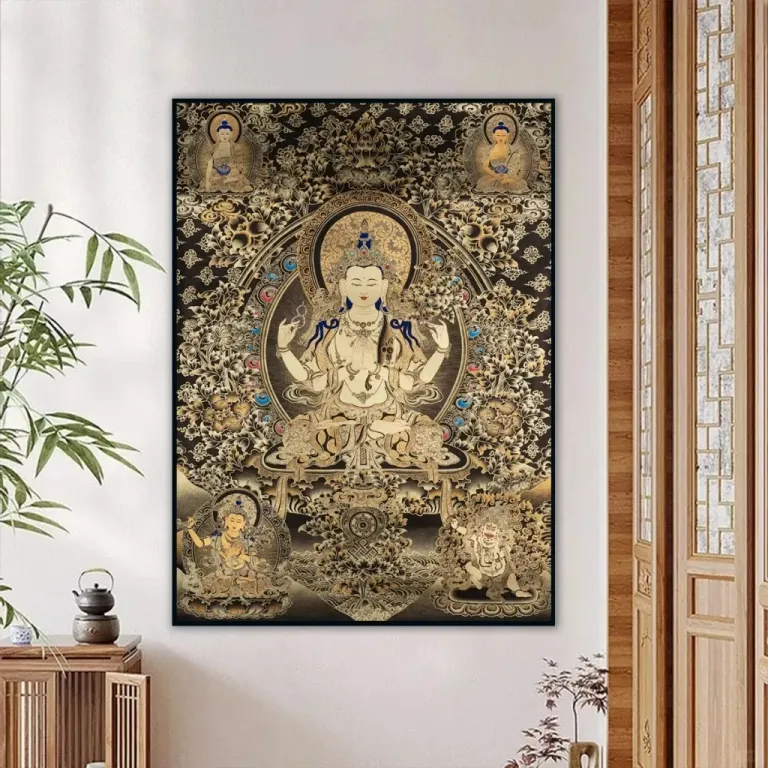 Tranh Quan Âm Tứ Thủ - Bồ Tát Bốn Tay - Treo Phòng Thờ - Decor Phòng Khách