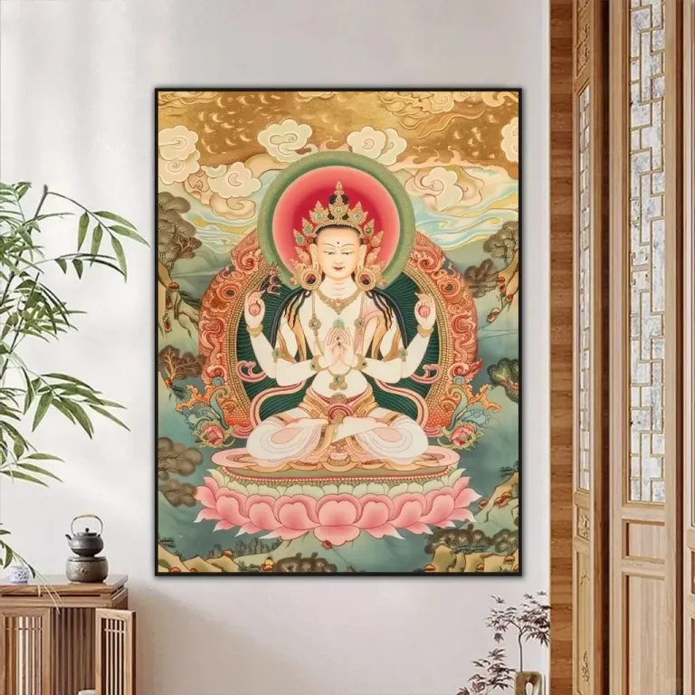 Tranh Quan Âm Tứ Thủ - Bồ Tát Bốn Tay - Treo Phòng Thờ - Decor Phòng Khách