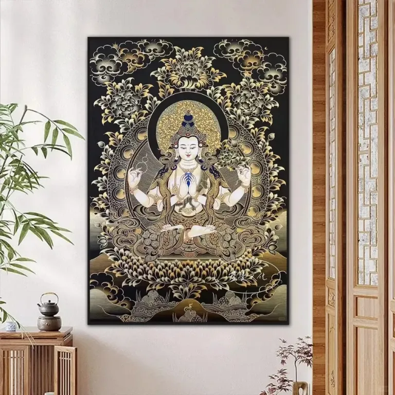 Tranh Quan Âm Tứ Thủ - Bồ Tát Bốn Tay - Treo Phòng Thờ - Decor Phòng Khách