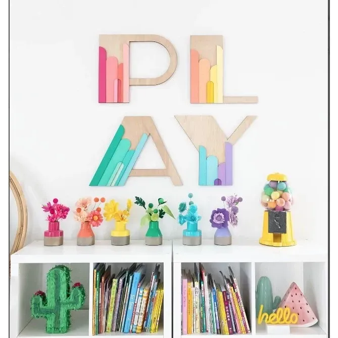 Chữ PLAY, READ Họa Tiết Cầu Vồng Bằng Gỗ 2 Lớp Dán Tường Trang Trí Khu Vui Chơi, Phòng Trẻ Em, Phòng Đọc Sách